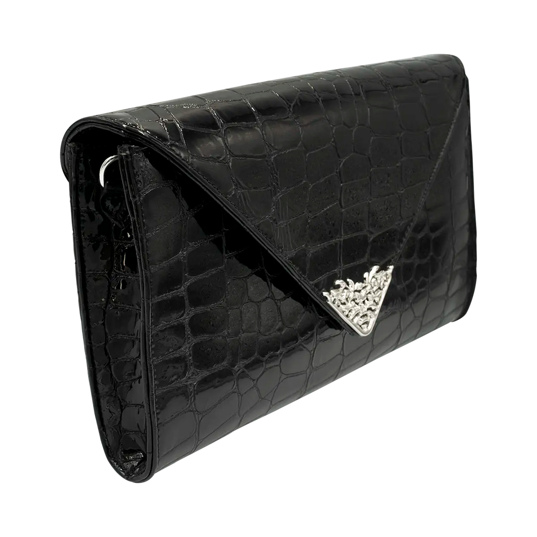 large black patent print leather clutch with strap. Fashion accessory for women in San Diego, CA.