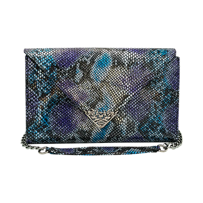 large blue print print leather clutch with strap. Fashion accessory for women in San Diego, CA.