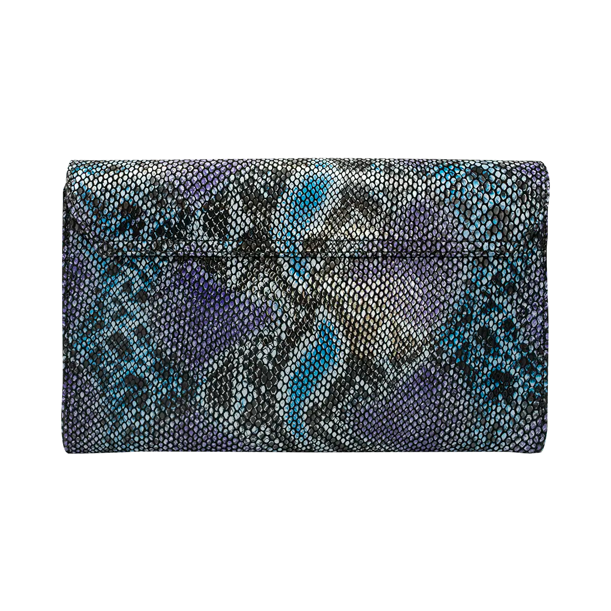 large blue print print leather clutch with strap. Fashion accessory for women in San Diego, CA.