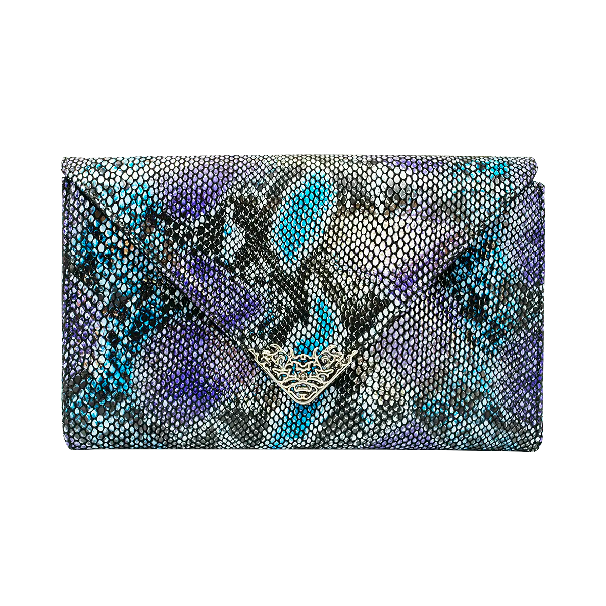 large blue print print leather clutch with strap. Fashion accessory for women in San Diego, CA.