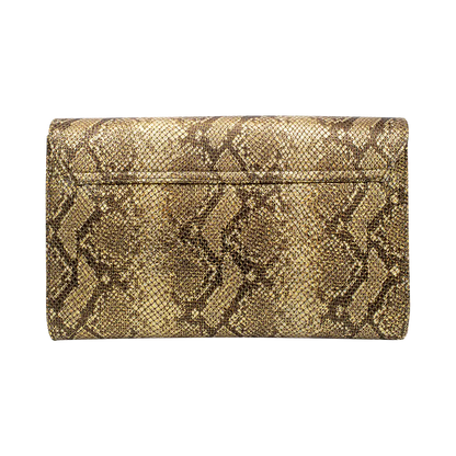 large bronze print print leather clutch with strap. Fashion accessory for women in San Diego, CA.