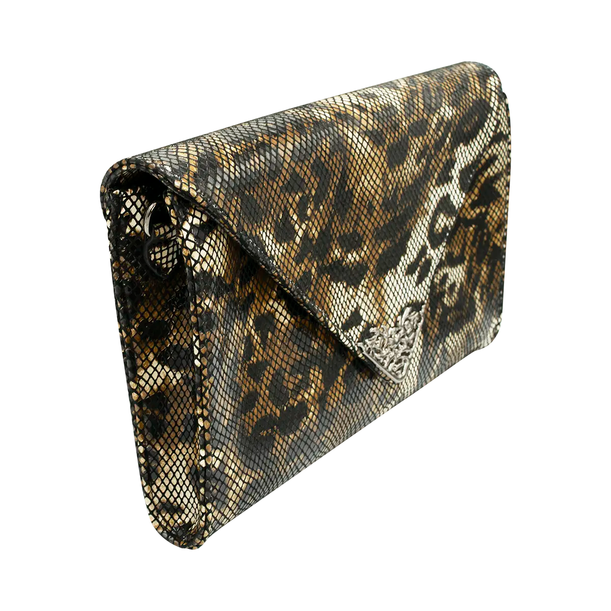 large animal print stripe print leather clutch with strap. Fashion accessory for women in San Diego, CA.