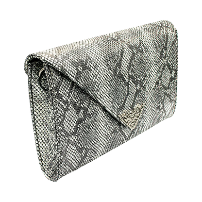 large silver print print leather clutch with strap. Fashion accessory for women in San Diego, CA.