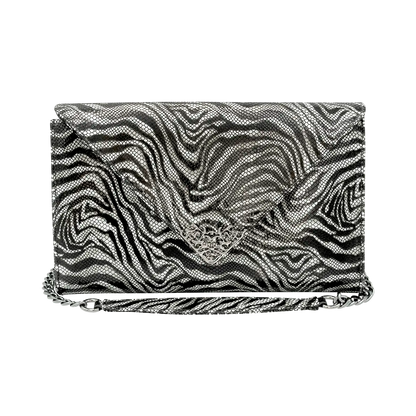 large black and white print leather clutch with strap. Fashion accessory for women in San Diego, CA.