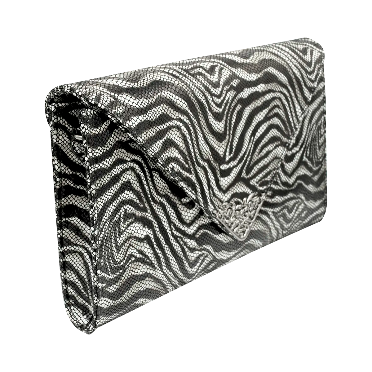 large black and white print leather clutch with strap. Fashion accessory for women in San Diego, CA.