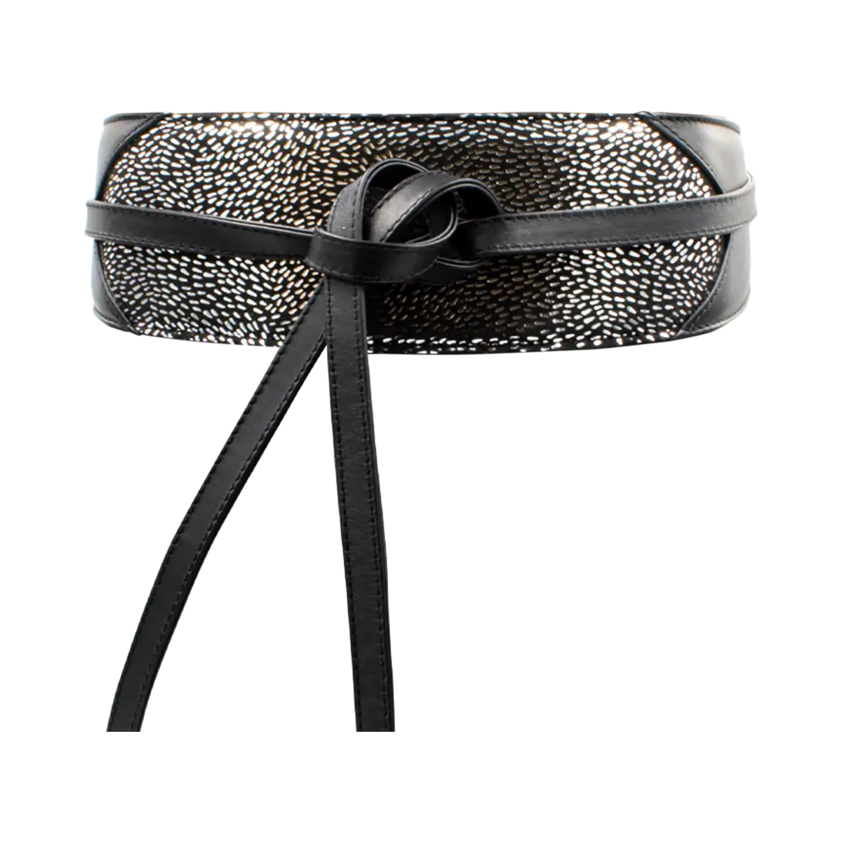 large black silver stripe wrap-around belt for women. Available in San Diego, CA.