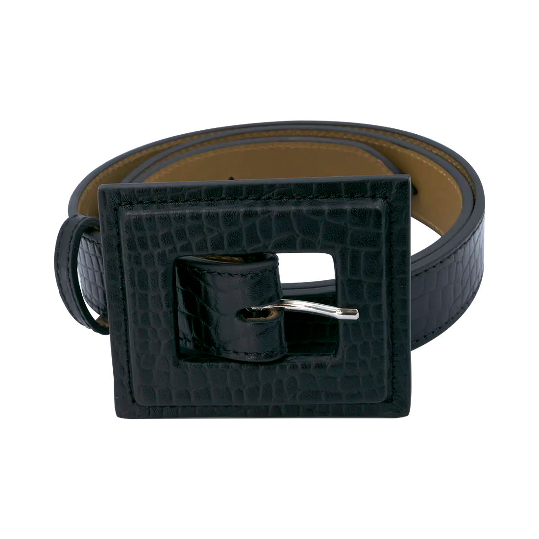 black  leather print belt with a large square buckle. Accessory for women in San Diego, CA.