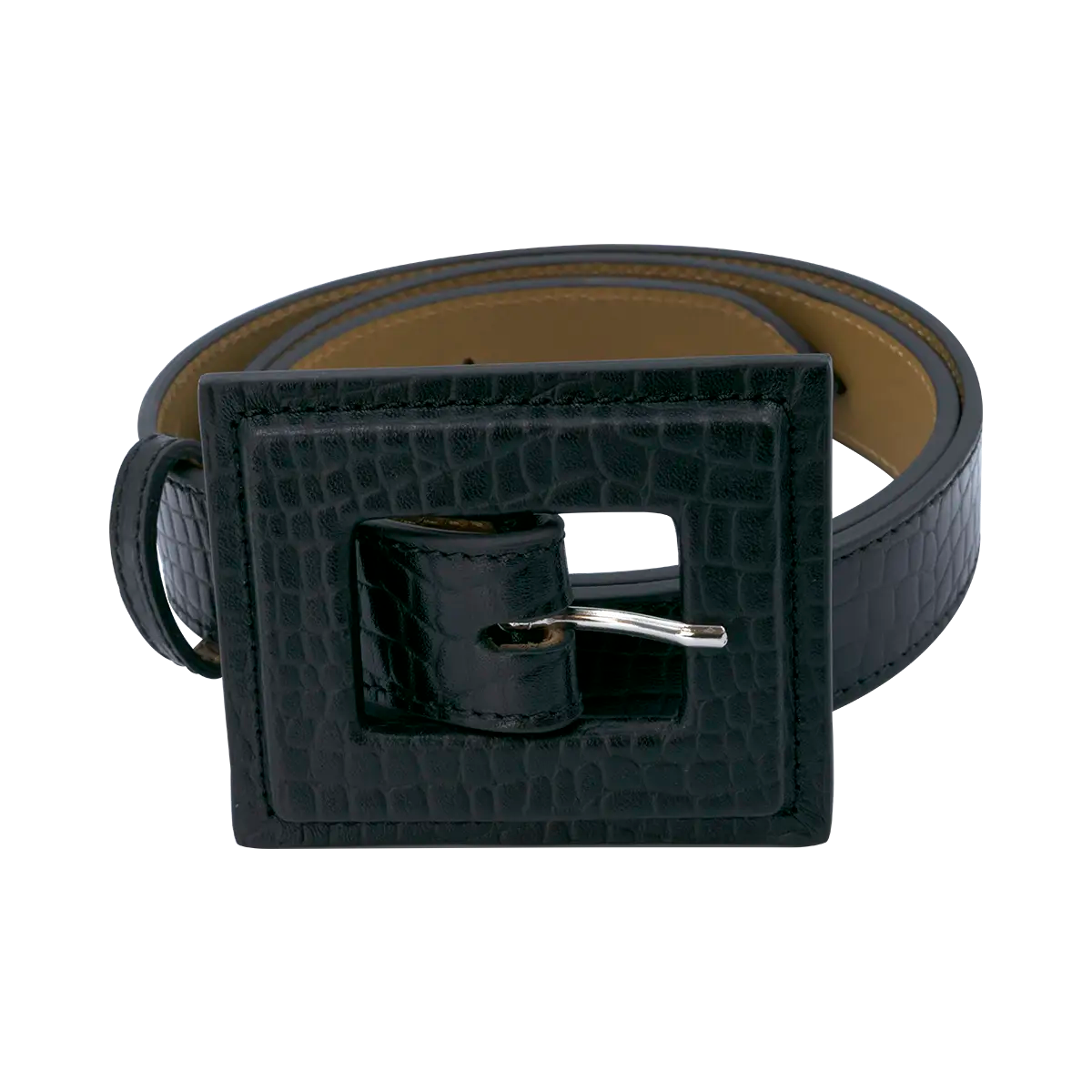 black  leather print belt with a large square buckle. Accessory for women in San Diego, CA.