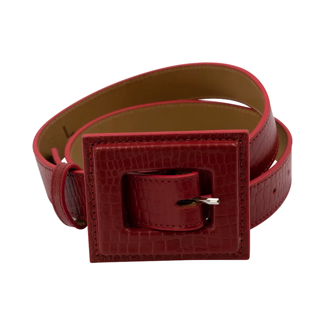 red  leather print belt with a large square buckle. Accessory for women in San Diego, CA.