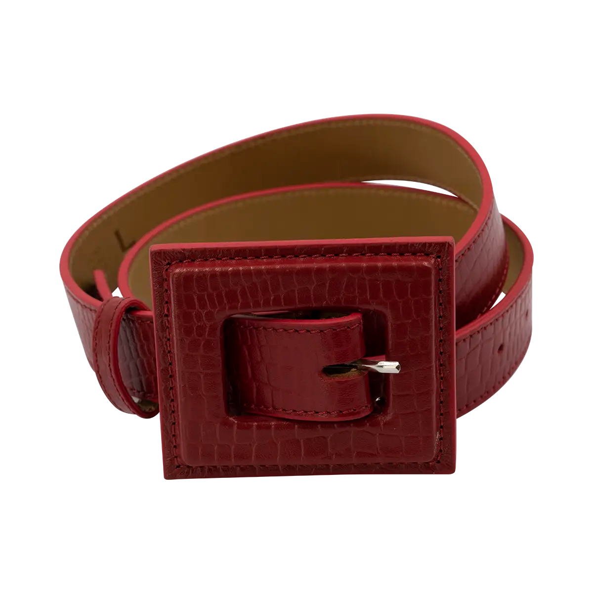 red  leather print belt with a large square buckle. Accessory for women in San Diego, CA.