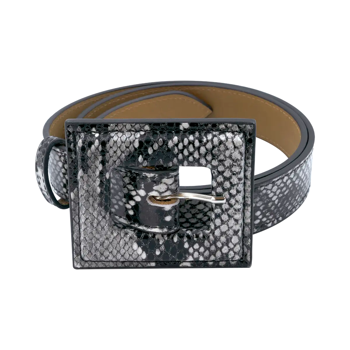 black and white print leather print belt with a large square buckle. Accessory for women in San Diego, CA.