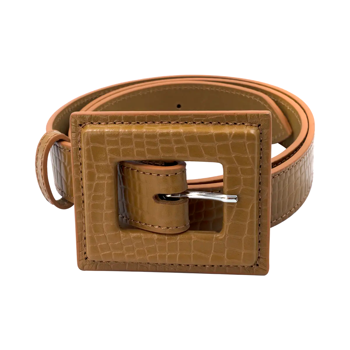 tan  leather print belt with a large square buckle. Accessory for women in San Diego, CA.