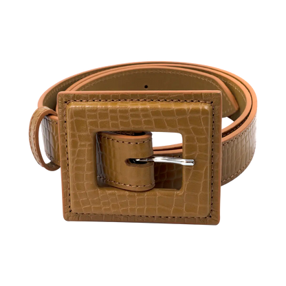 tan  leather print belt with a large square buckle. Accessory for women in San Diego, CA.