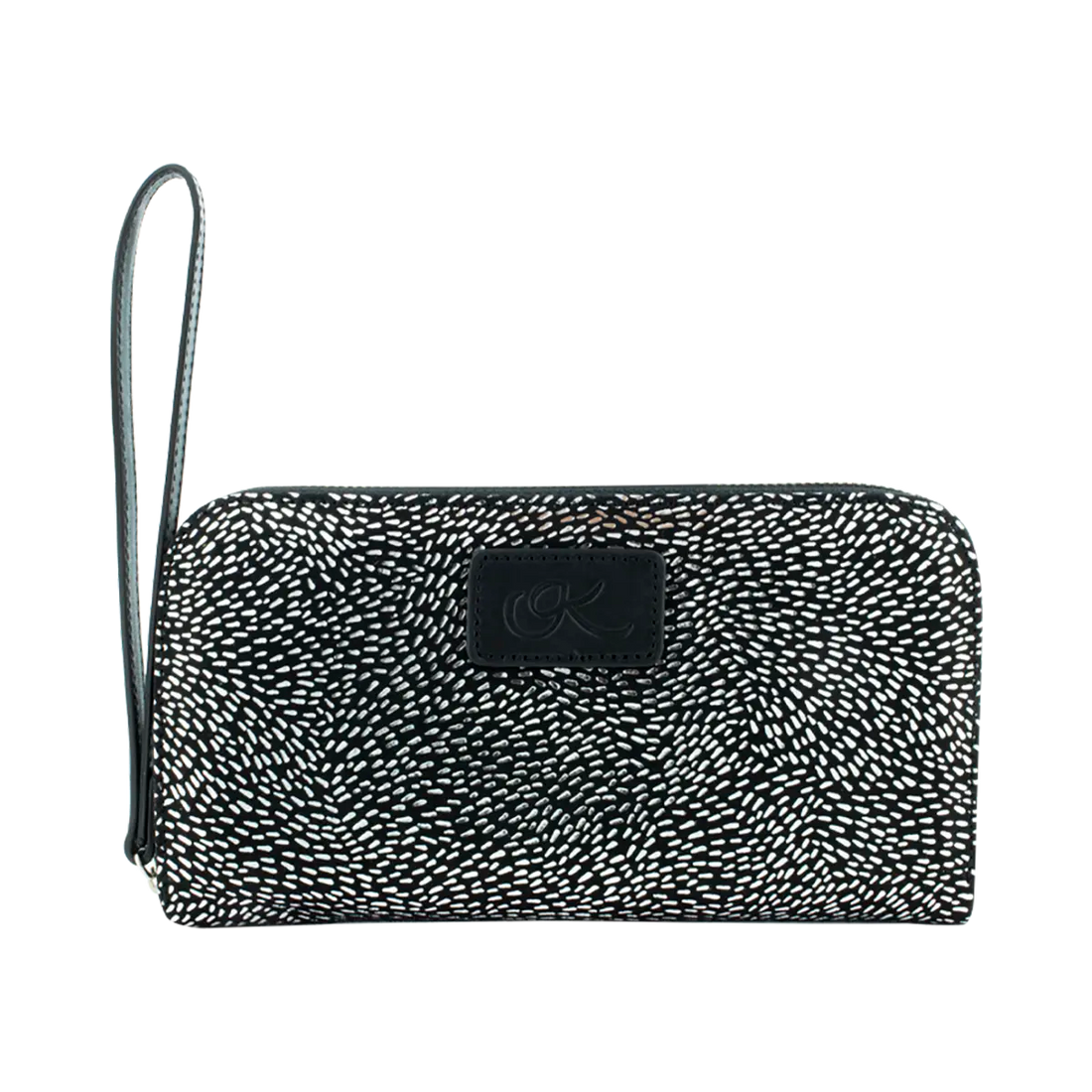 largeblack silver stripe leather wallet with hand strap. Fashion Accessories for women shop in San Diego, CA.