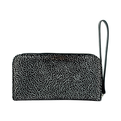 largeblack silver stripe leather wallet with hand strap. Fashion Accessories for women shop in San Diego, CA.