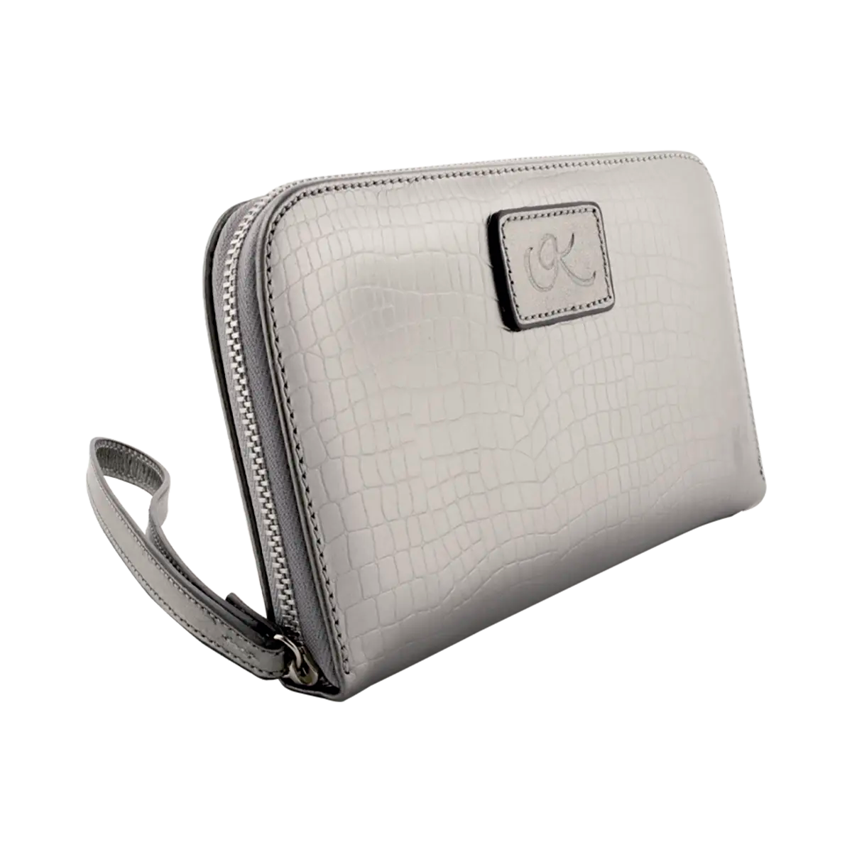 largesilver leather wallet with hand strap. Fashion Accessories for women shop in San Diego, CA.