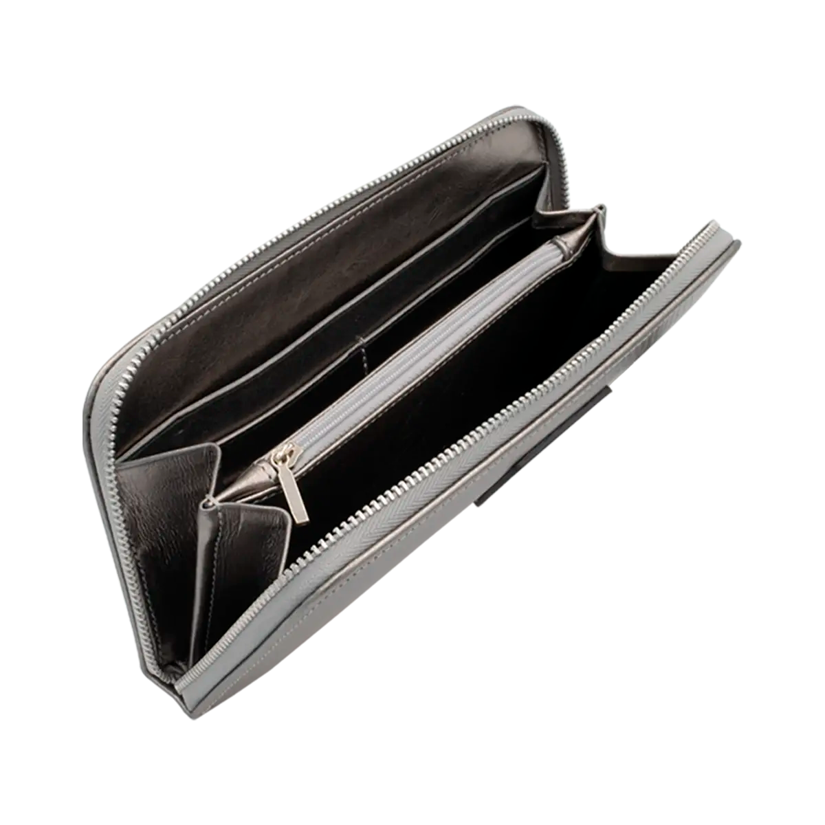 largesilver leather wallet with hand strap. Fashion Accessories for women shop in San Diego, CA.