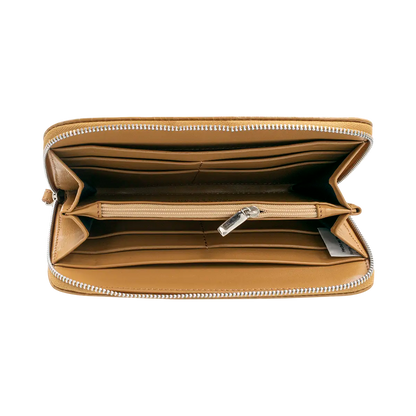 tan leather wallet with hand strap. Fashion Accessories for women shop in San Diego, CA.