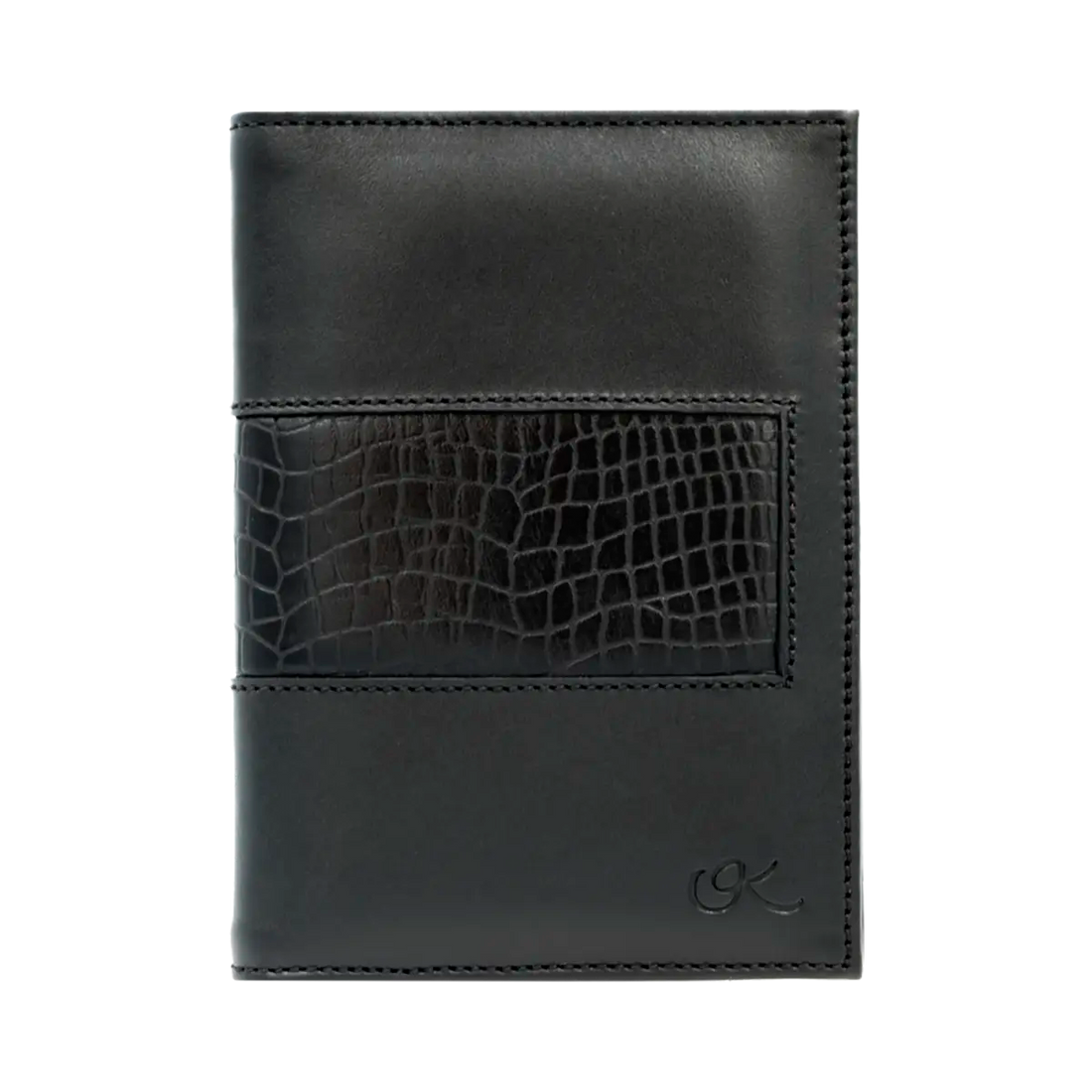 black leather passport holder with detail print. Fashion travel accessory for women. Shop in San Diego, CA.