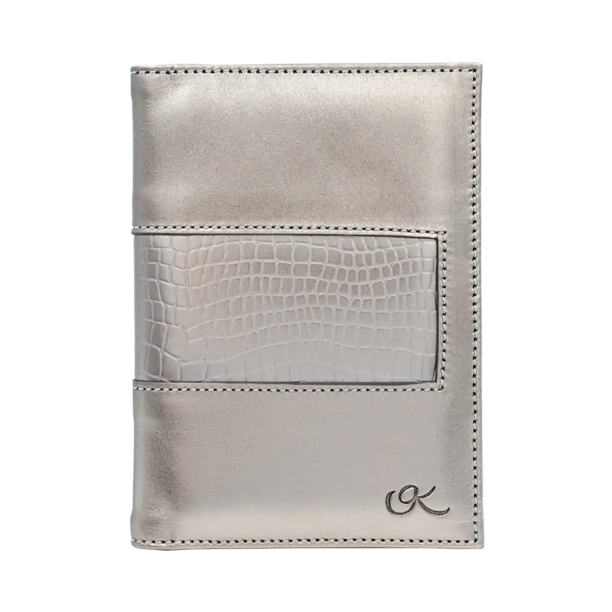 silver leather passport holder with detail print. Fashion travel accessory for women. Shop in San Diego, CA.