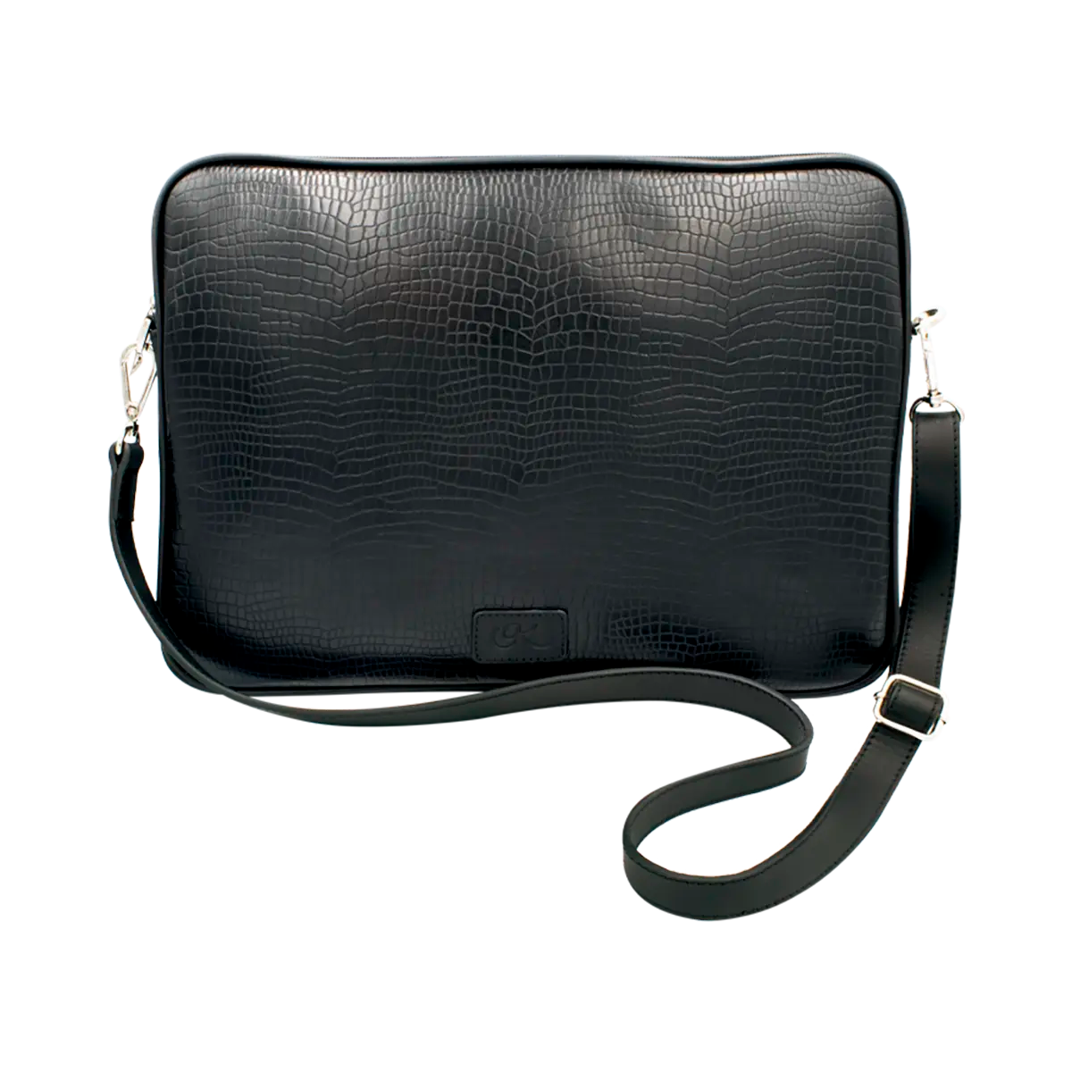 large black leather print laptop case with strap. Tech accessory for men &amp; women, shop in San Diego, CA