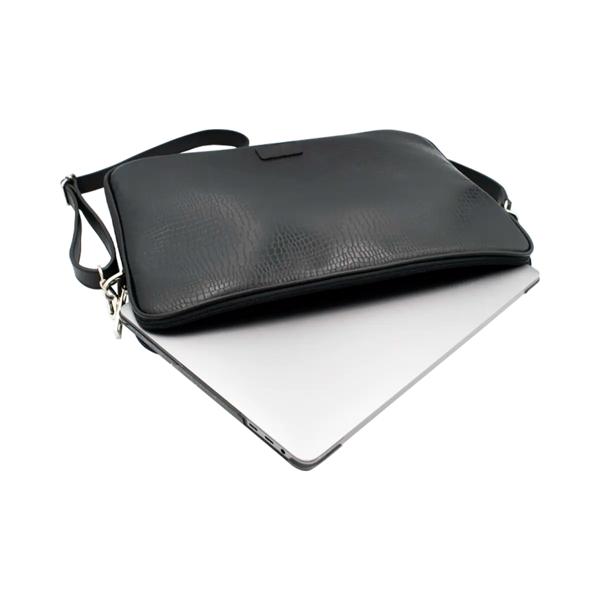 large black leather print laptop case with strap. Tech accessory for men &amp; women, shop in San Diego, CA