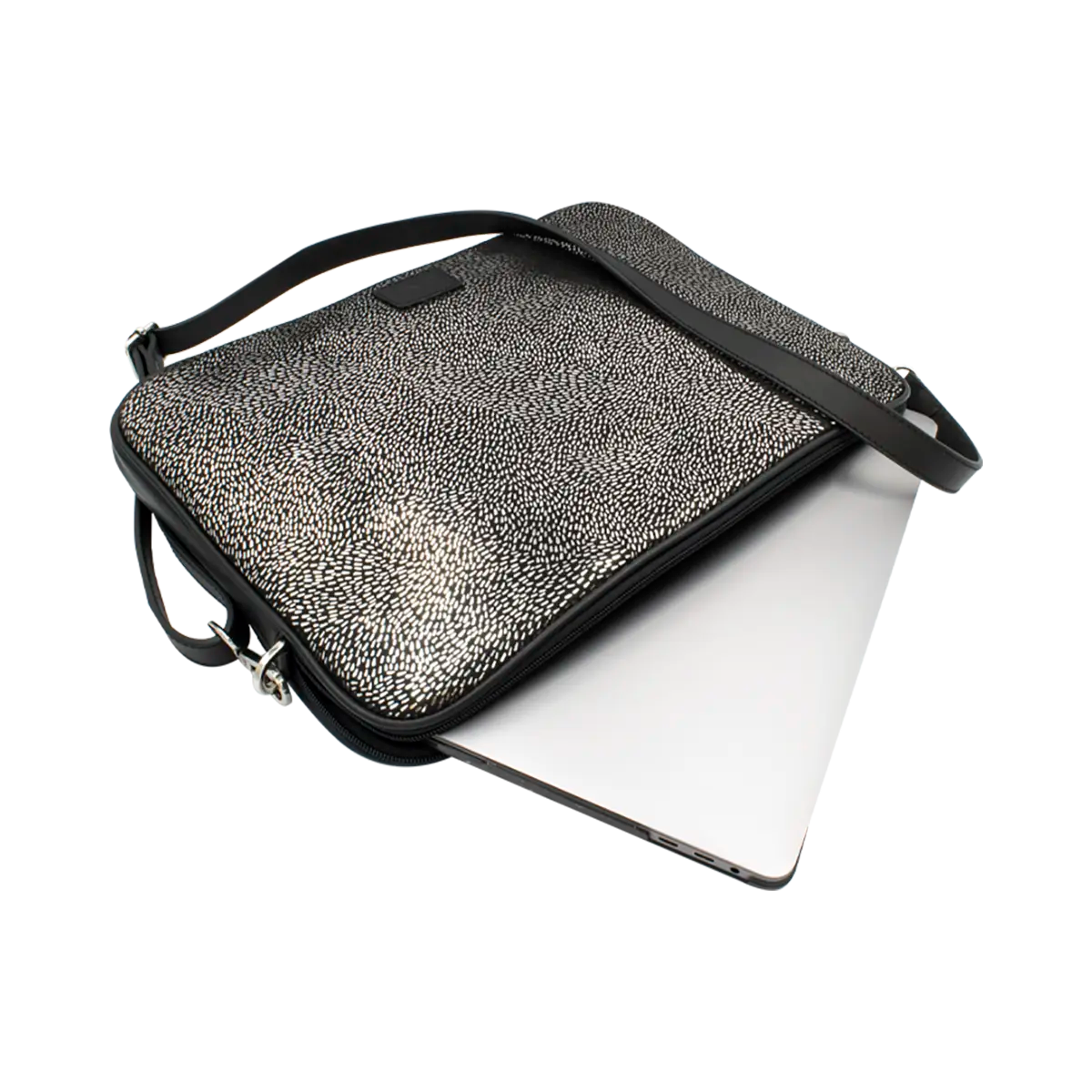large black silver stripe leather print laptop case with strap. Tech accessory for men &amp; women, shop in San Diego, CA