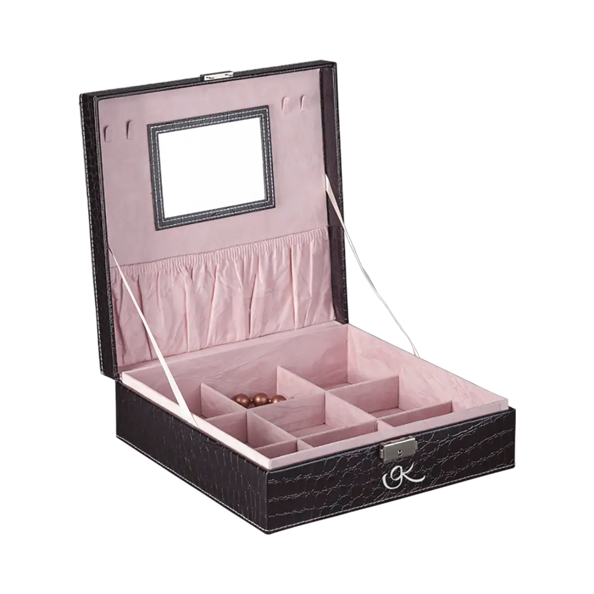 Large black vinyl snakeskin print with pink interior jewelry box for women. Shop in San Diego, CA.