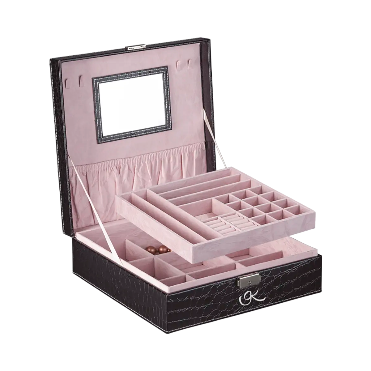 Large black vinyl snakeskin print with pink interior jewelry box for women. Shop in San Diego, CA.