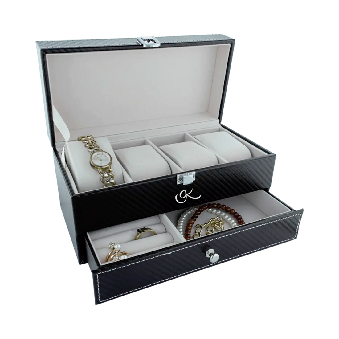 large black black vinyl jewlery and watch box for men and women. Accessory organizer, shop in San Diego, CA.