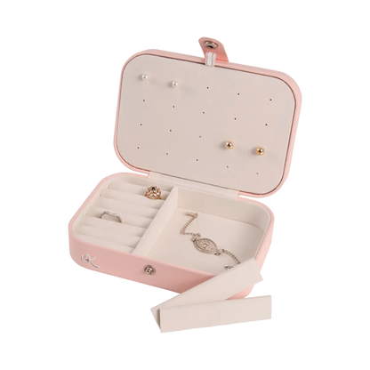 Small pink vinyl snakeskin print with beige interior jewelry box for women. Shop in San Diego, CA.